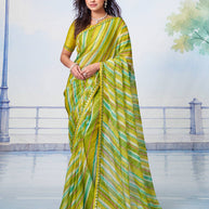 Green and yellow striped with scattered sequins chiffon saree party wear
