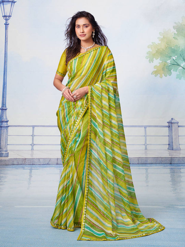 Green and yellow striped with scattered sequins chiffon saree party wear