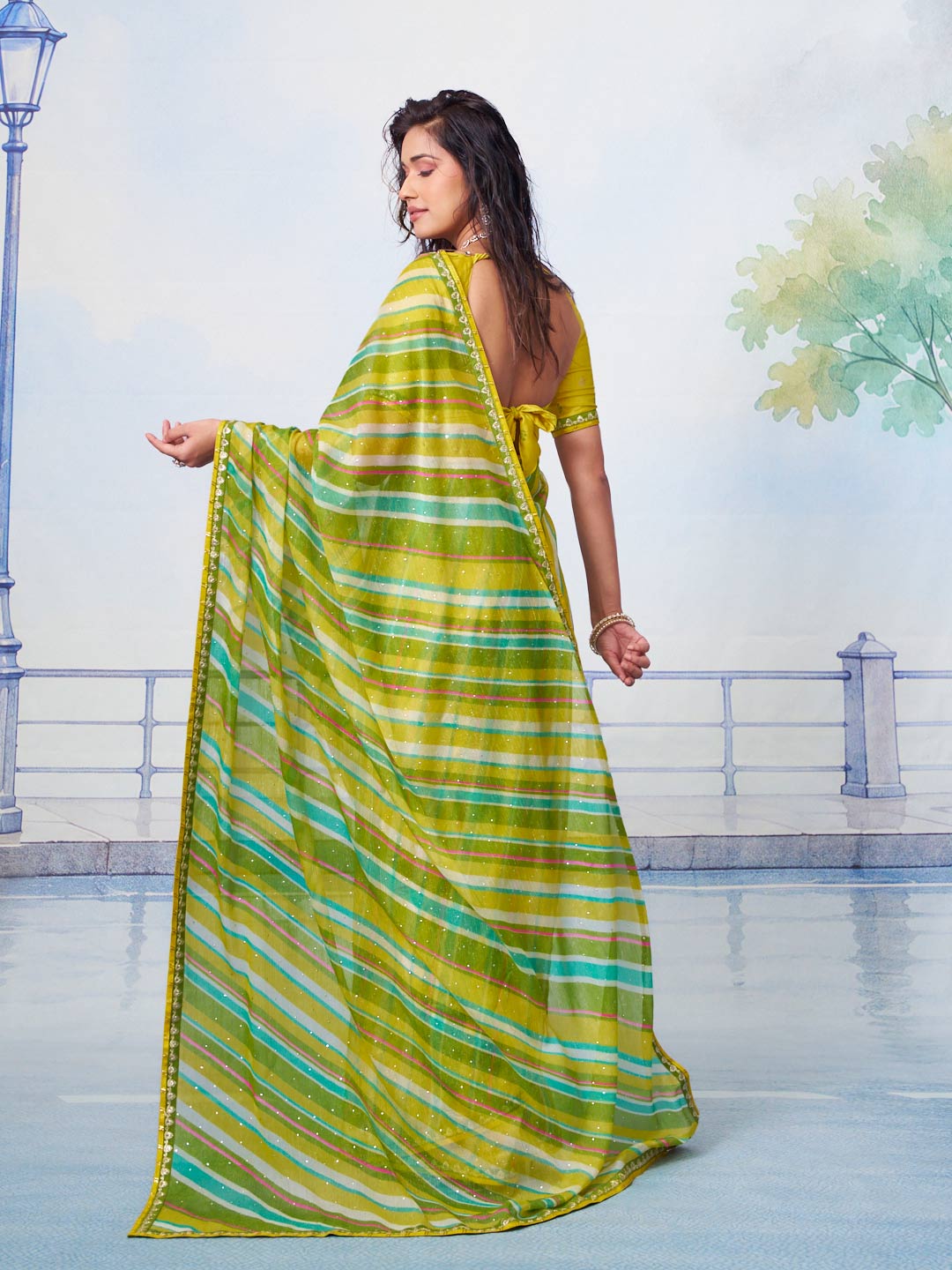Green traditional diagonal green and white striped chiffon saree ethnic wear