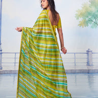 Green traditional diagonal green and white striped chiffon saree ethnic wear