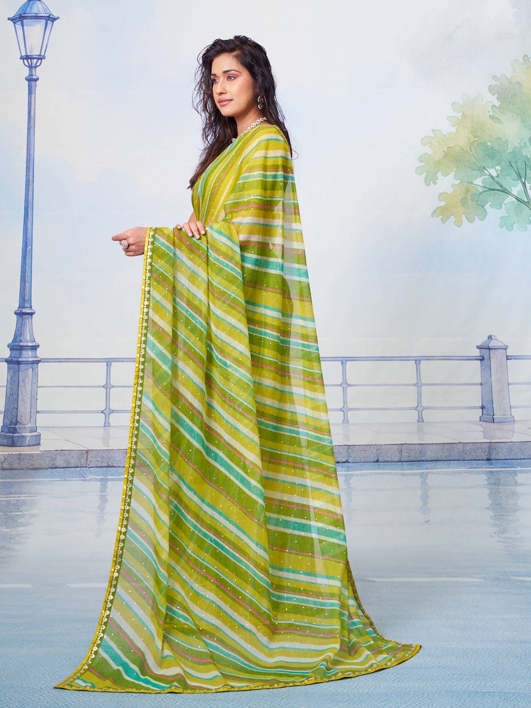 Green flowing multi-color striped sheer with scattered sequins and beaded golden border chiffon saree festive wear