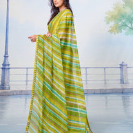 Green flowing multi-color striped sheer with scattered sequins and beaded golden border chiffon saree festive wear
