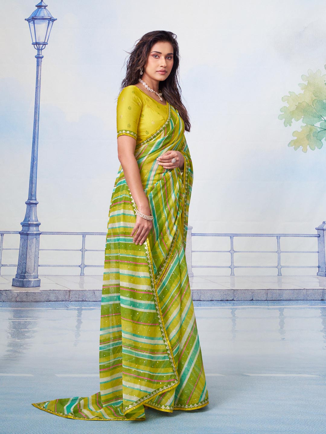  Green striped with green, white and golden striped borders and scattered white sequins chiffon saree party wear 