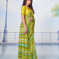  Green striped with green, white and golden striped borders and scattered white sequins chiffon saree party wear 