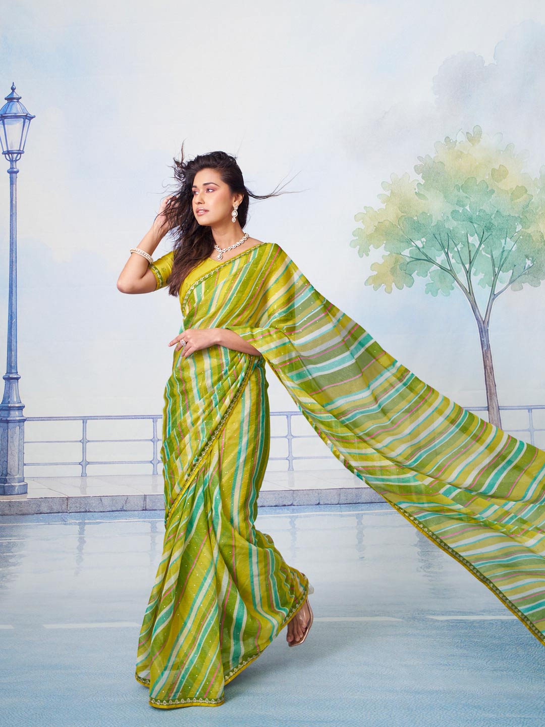 Green lime green striped with all-over white sequin dots chiffon saree festive wear 