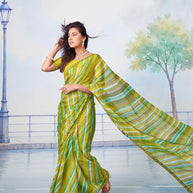 Green lime green striped with all-over white sequin dots chiffon saree festive wear 