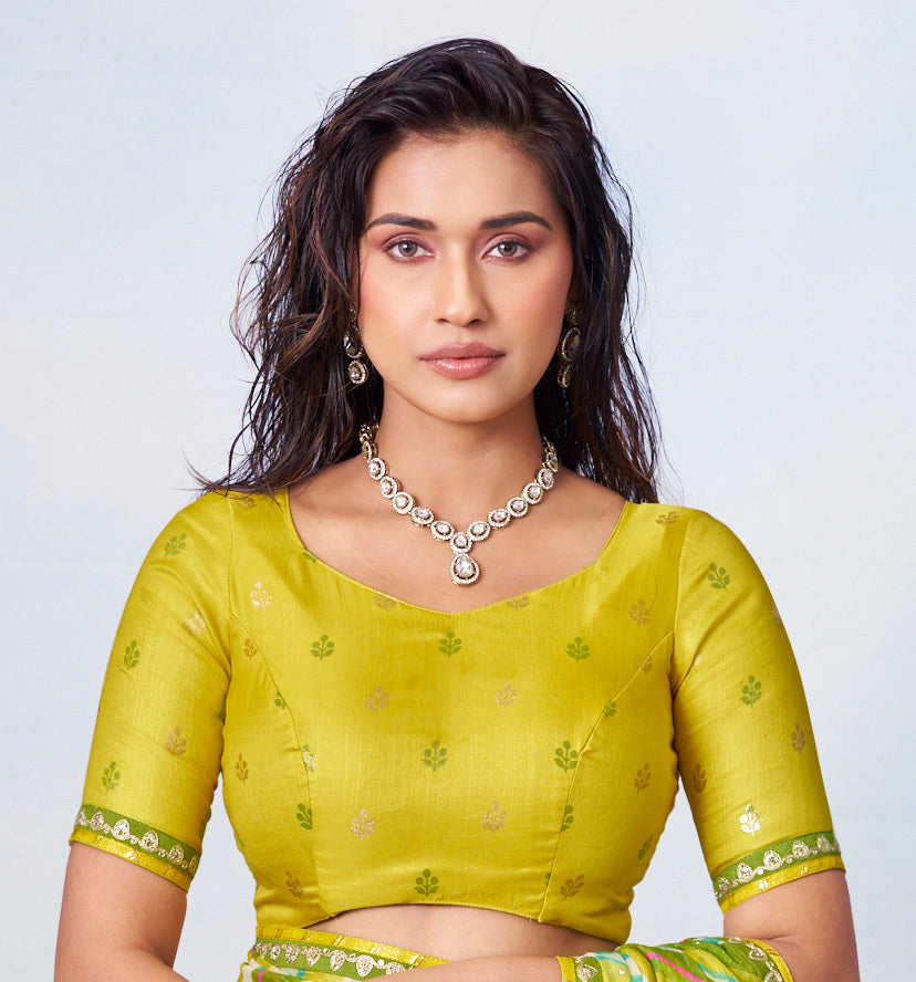 Green traditional diagonal green and white striped chiffon saree ethnic wear