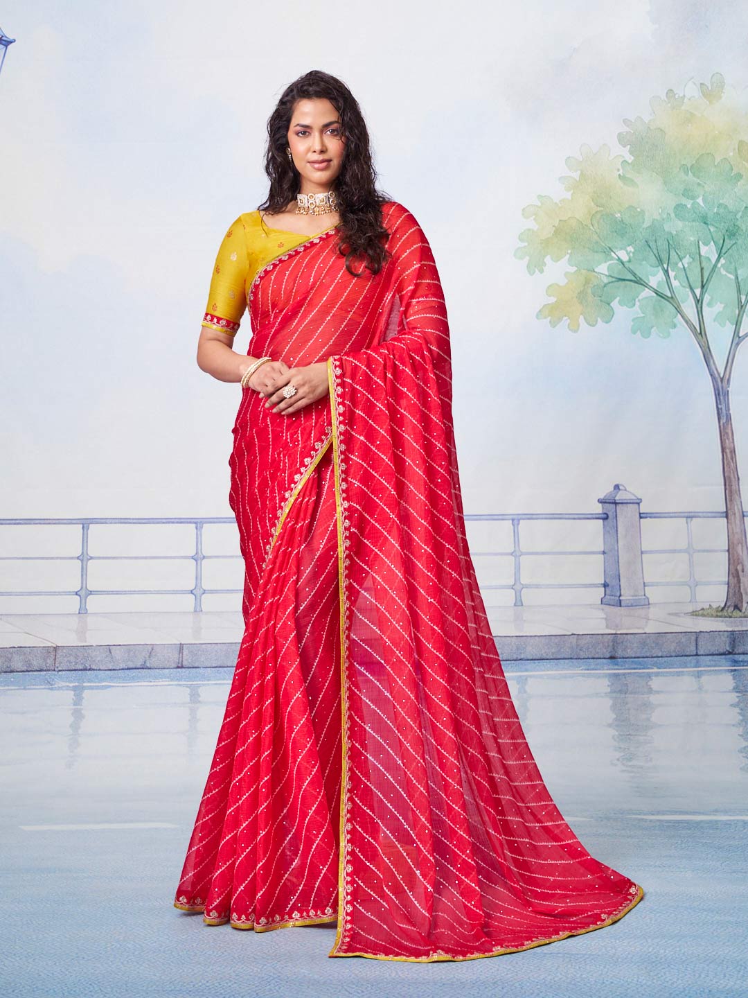 Red white dashed lines with thin golden border chiffon saree daily wear