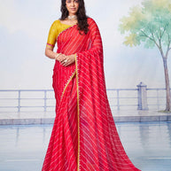 Red white dashed lines with thin golden border chiffon saree daily wear