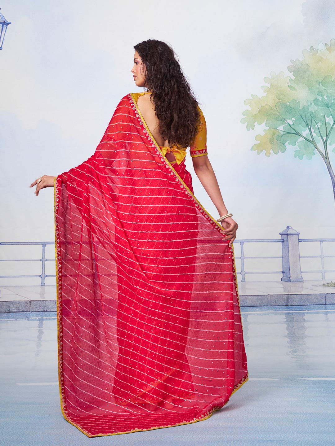 Red white bandhani print with patterned border chiffon saree traditional wear