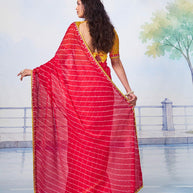 Red white bandhani print with patterned border chiffon saree traditional wear