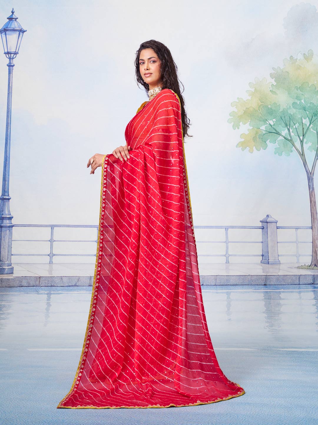 Red white dotted bandhani pattern with thin yellow border chiffon saree festive wear 