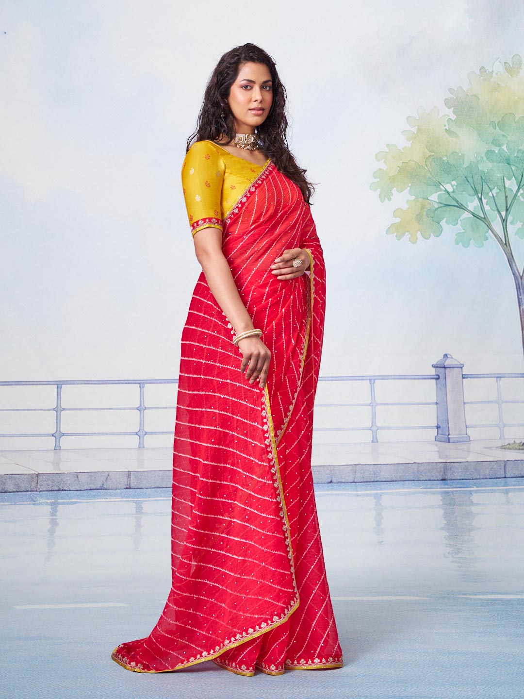 Red leheriya pattern with golden piping and white striped sequin work chiffon saree party wear