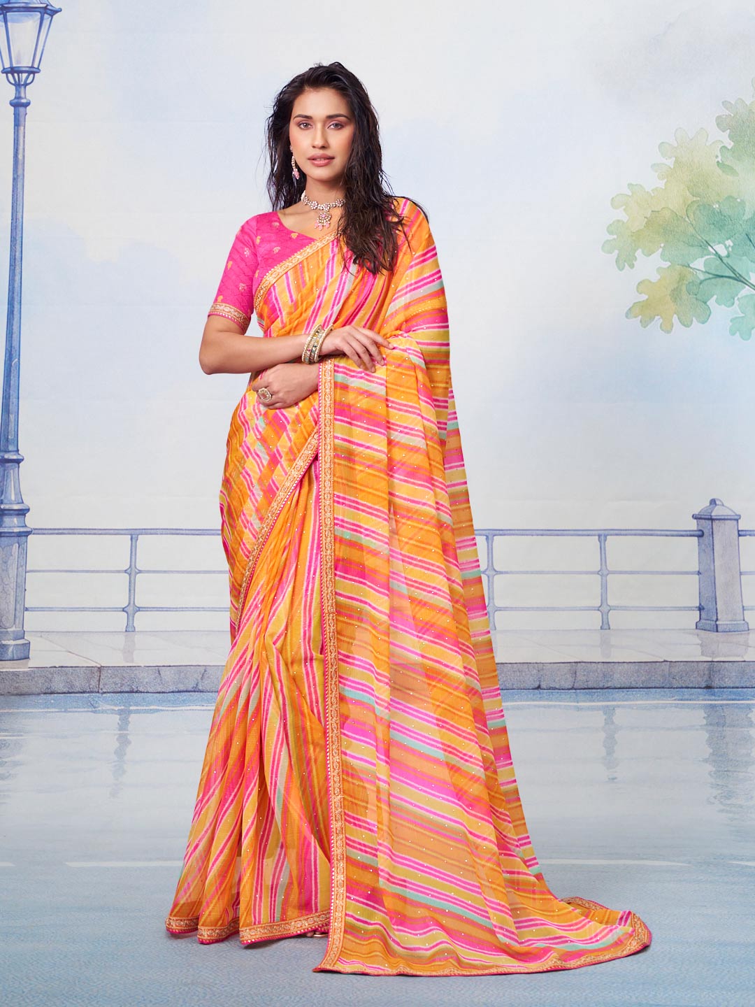 Orange striped chiffon saree party wear