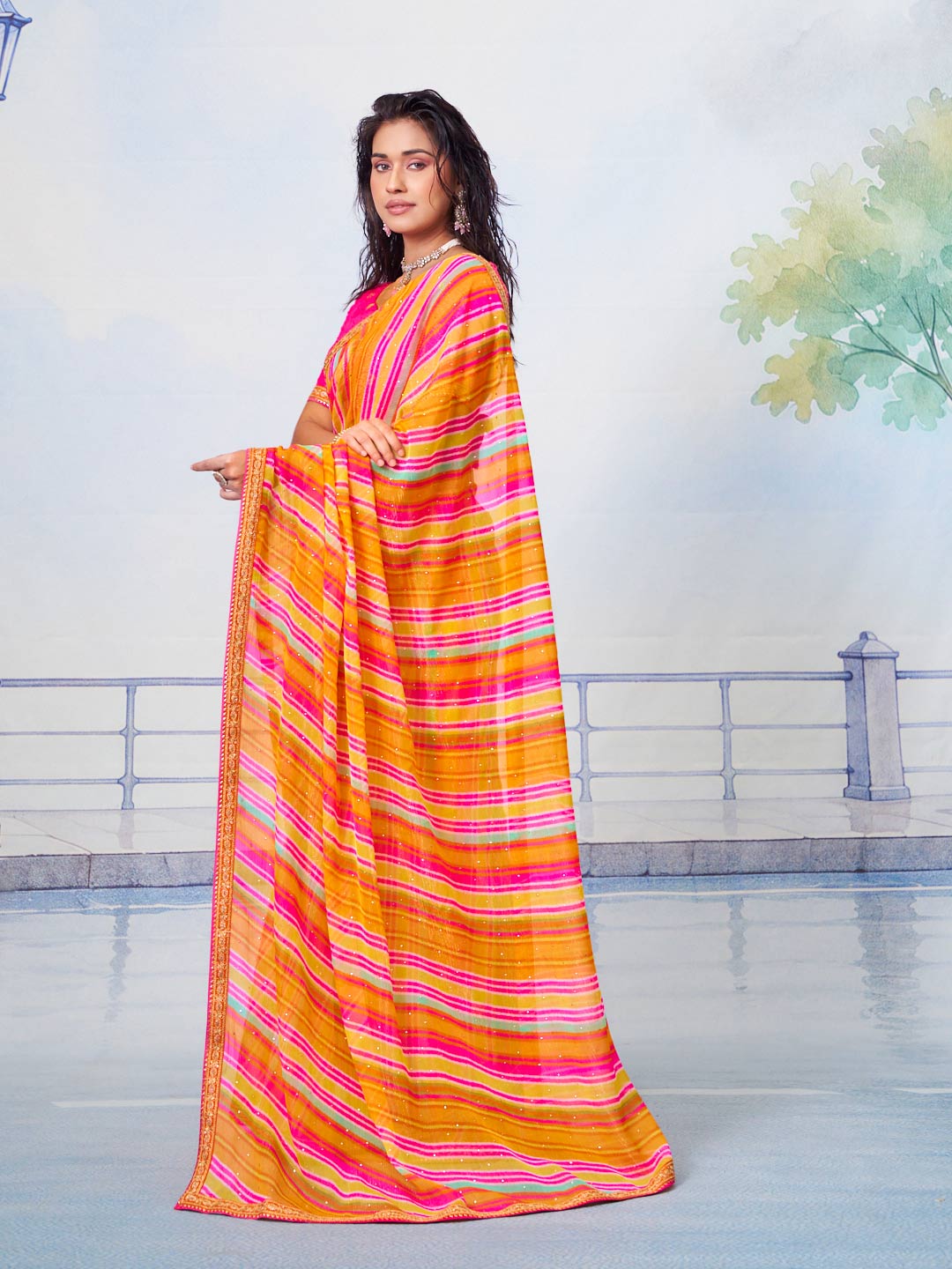  Orange glitter chiffon saree party wear