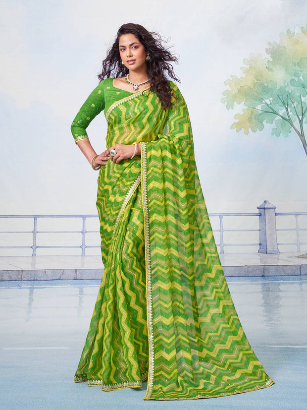 Green sequined chiffon saree festive wear