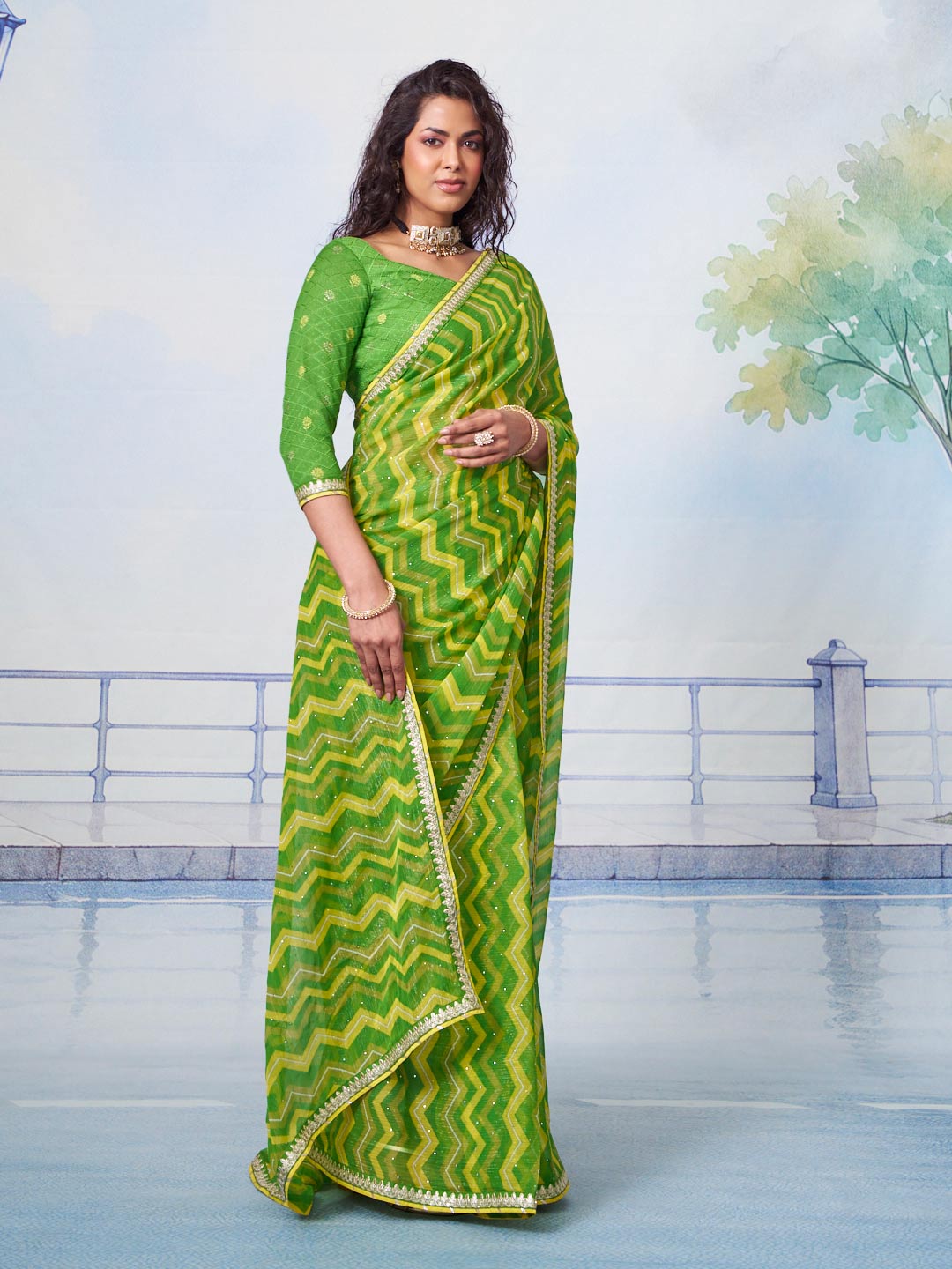 Green embellished chiffon saree party wear