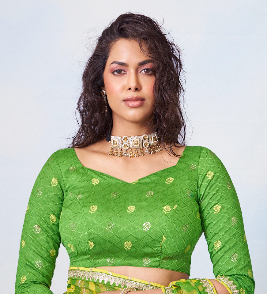 Green printed chiffon saree casual wear