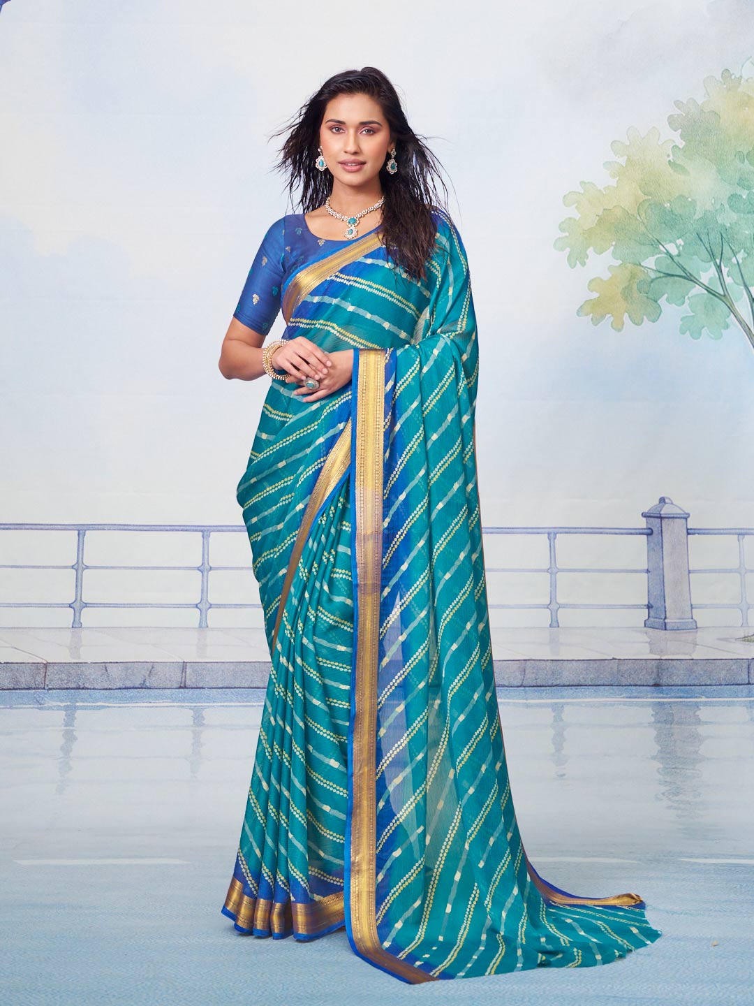 Blue striped chiffon saree daily wear
