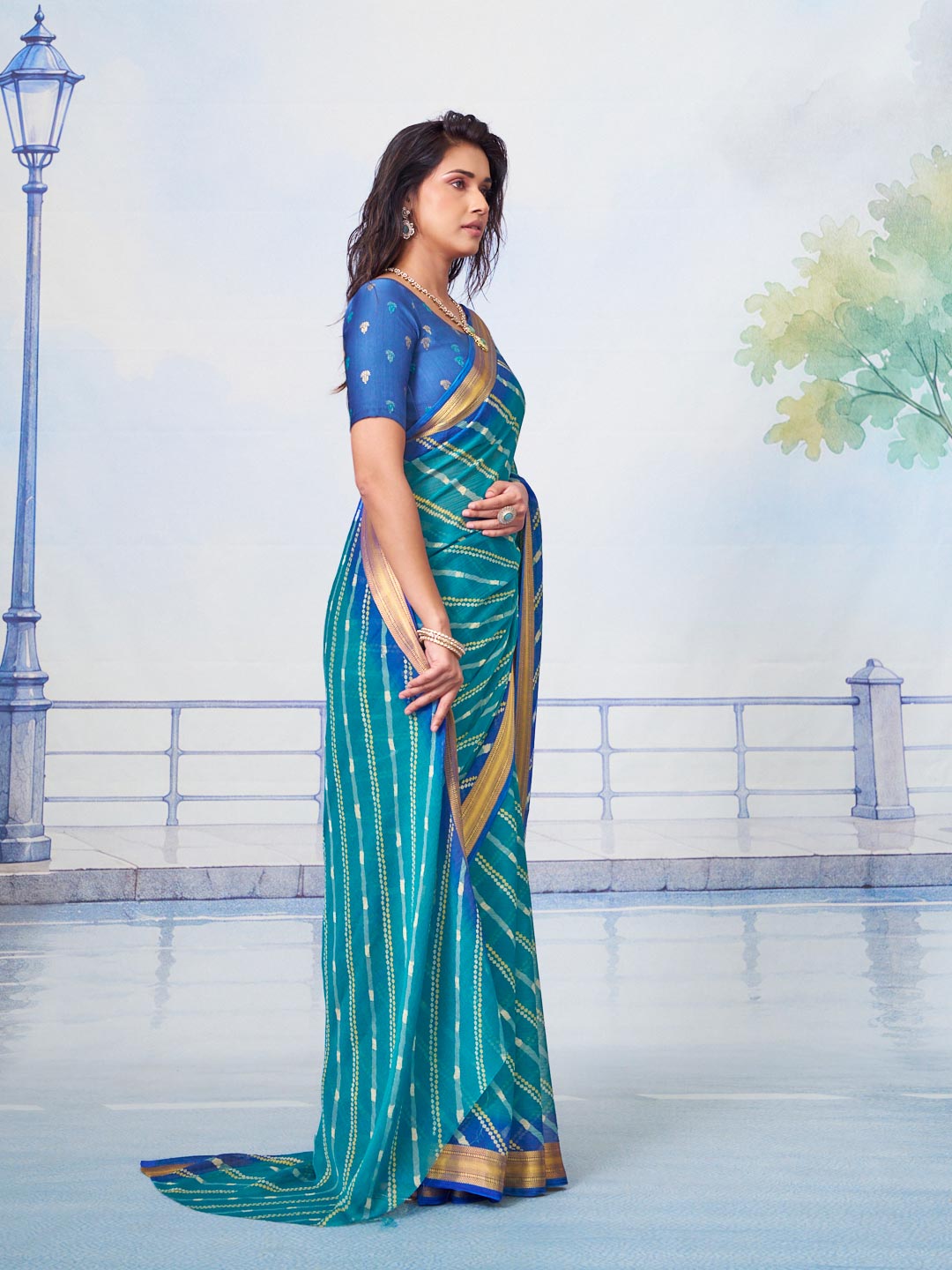 Blue dotted chiffon saree party wear