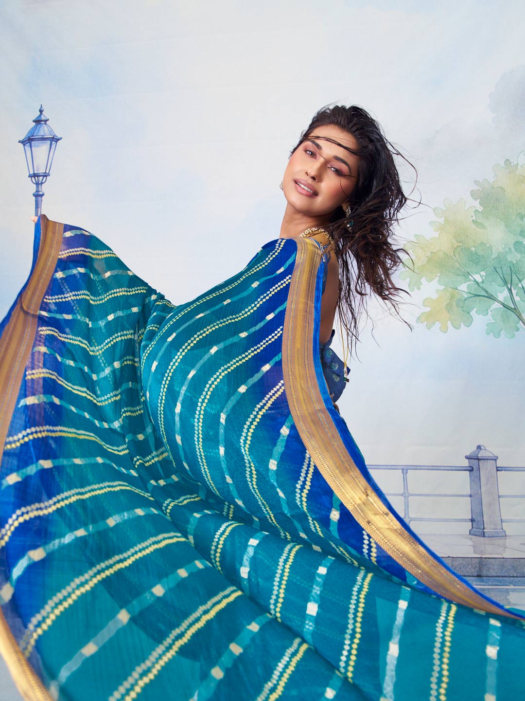  Blue leheriya chiffon saree festive wear 