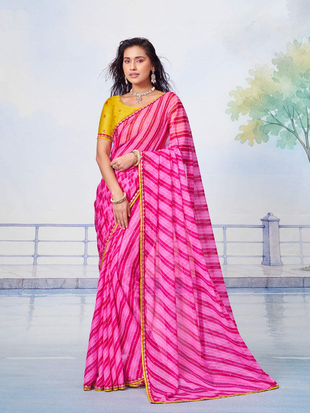 Pink leheriya chiffon saree daily wear 