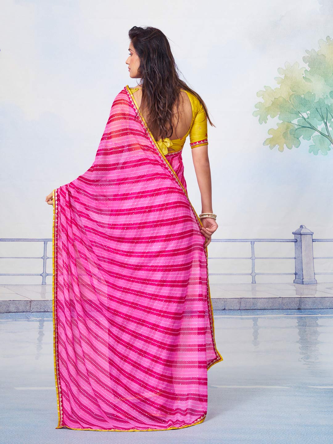 Laxmipati Tarang Pink Chiffon Leheriya Printed Saree