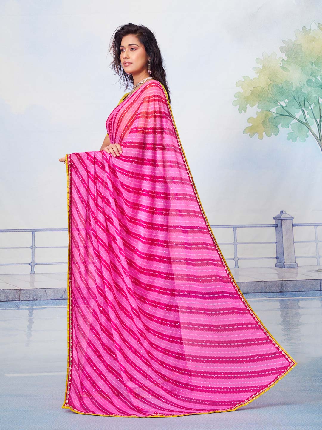 Pink leheriya chiffon saree casual wear 