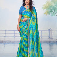Blue printed chiffon saree party wear 