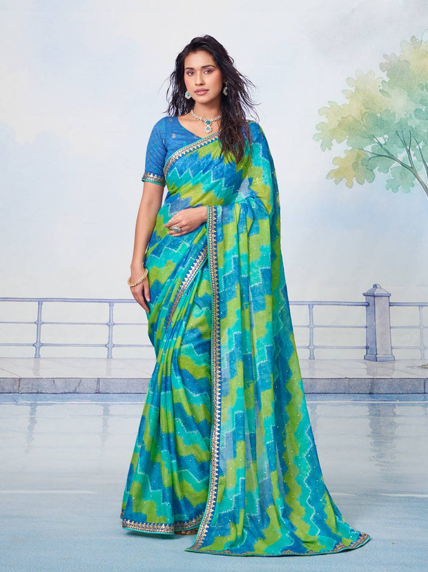 Blue printed chiffon saree party wear 
