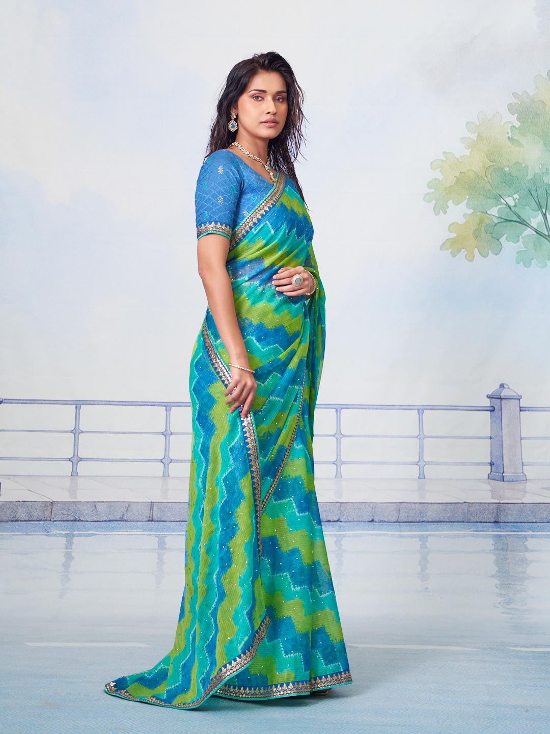 Blue zigzag printed chiffon saree festive wear