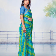 Blue zigzag printed chiffon saree festive wear