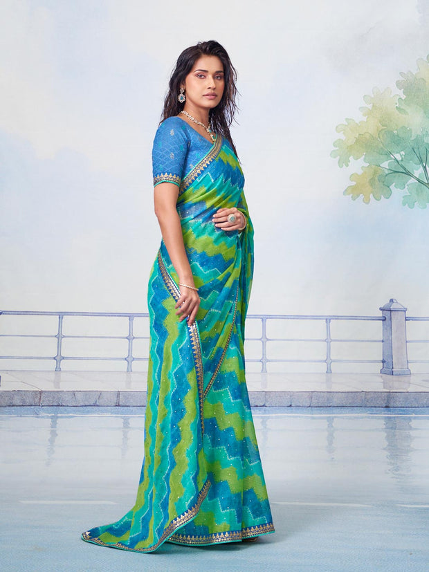 Blue zigzag printed chiffon saree festive wear