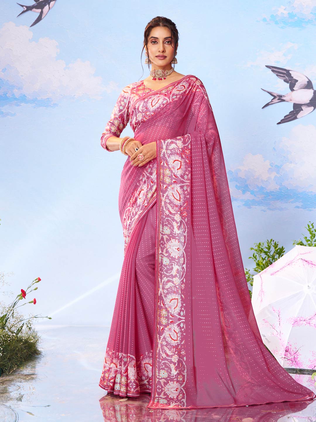 Purple floral printed georgette saree festive wear