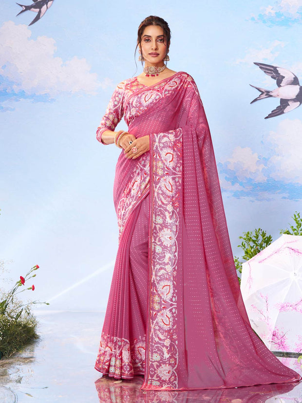 Purple floral printed georgette saree festive wear