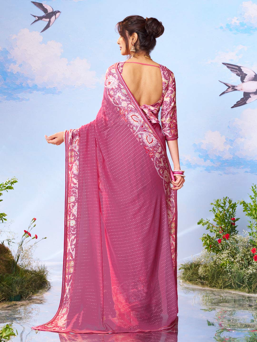 Laxmipati Andaaz Purple Georgette Floral Printed Saree