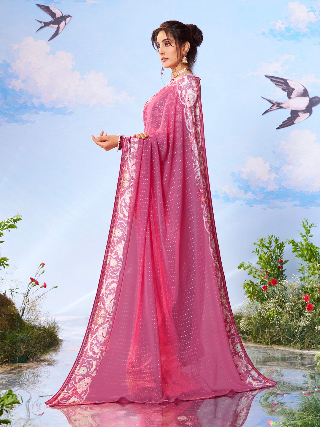  Purple floral printed georgette saree wedding wear