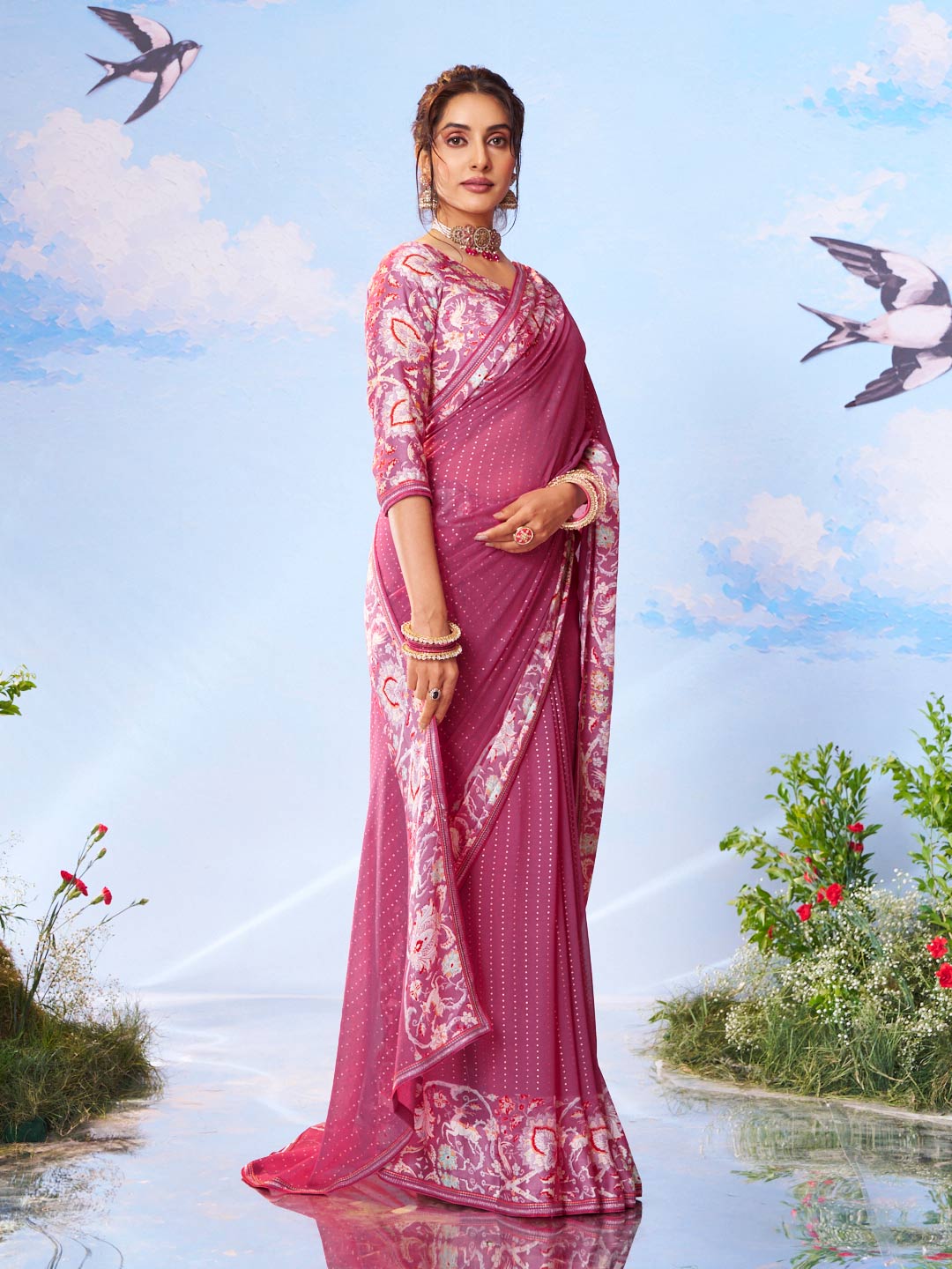 Purple floral printed georgette saree daily wear