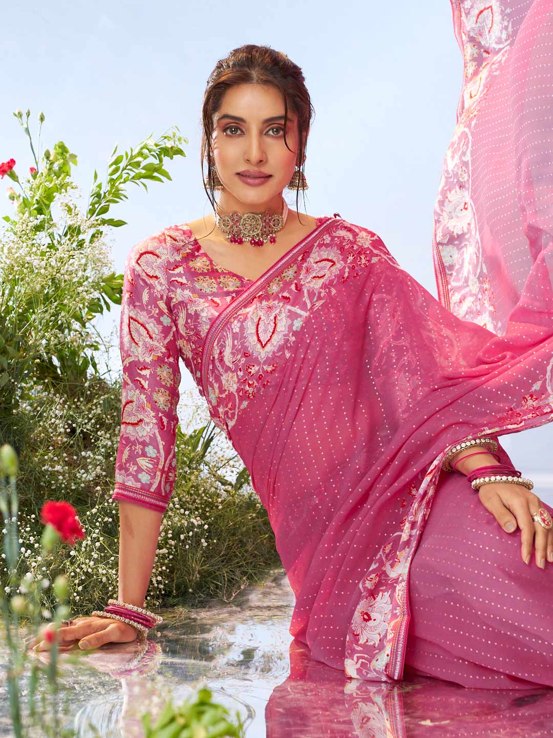 Purple floral printed georgette saree casual wear