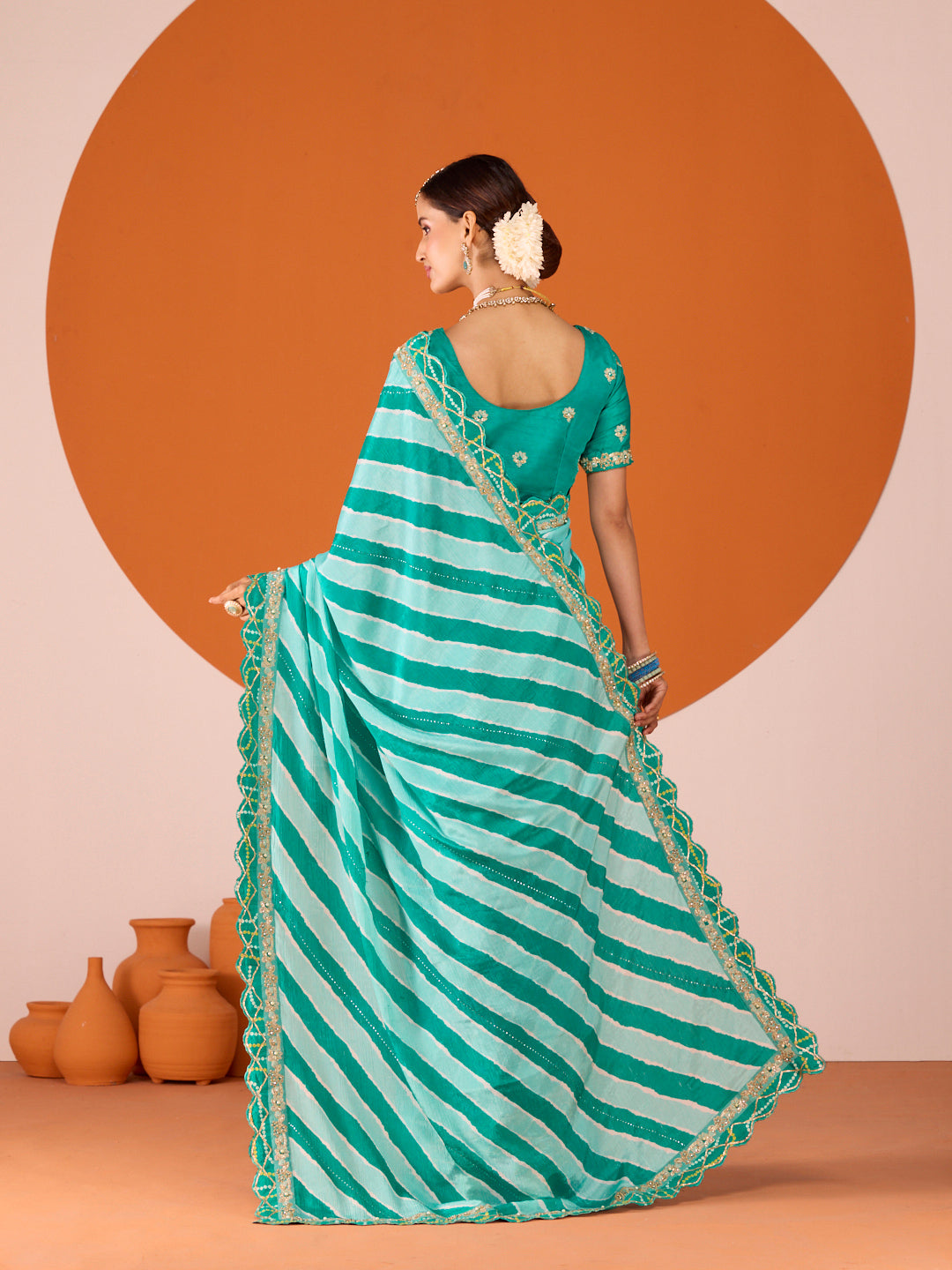 Laxmipati Ruchi Green Chiffon Embroidered Saree