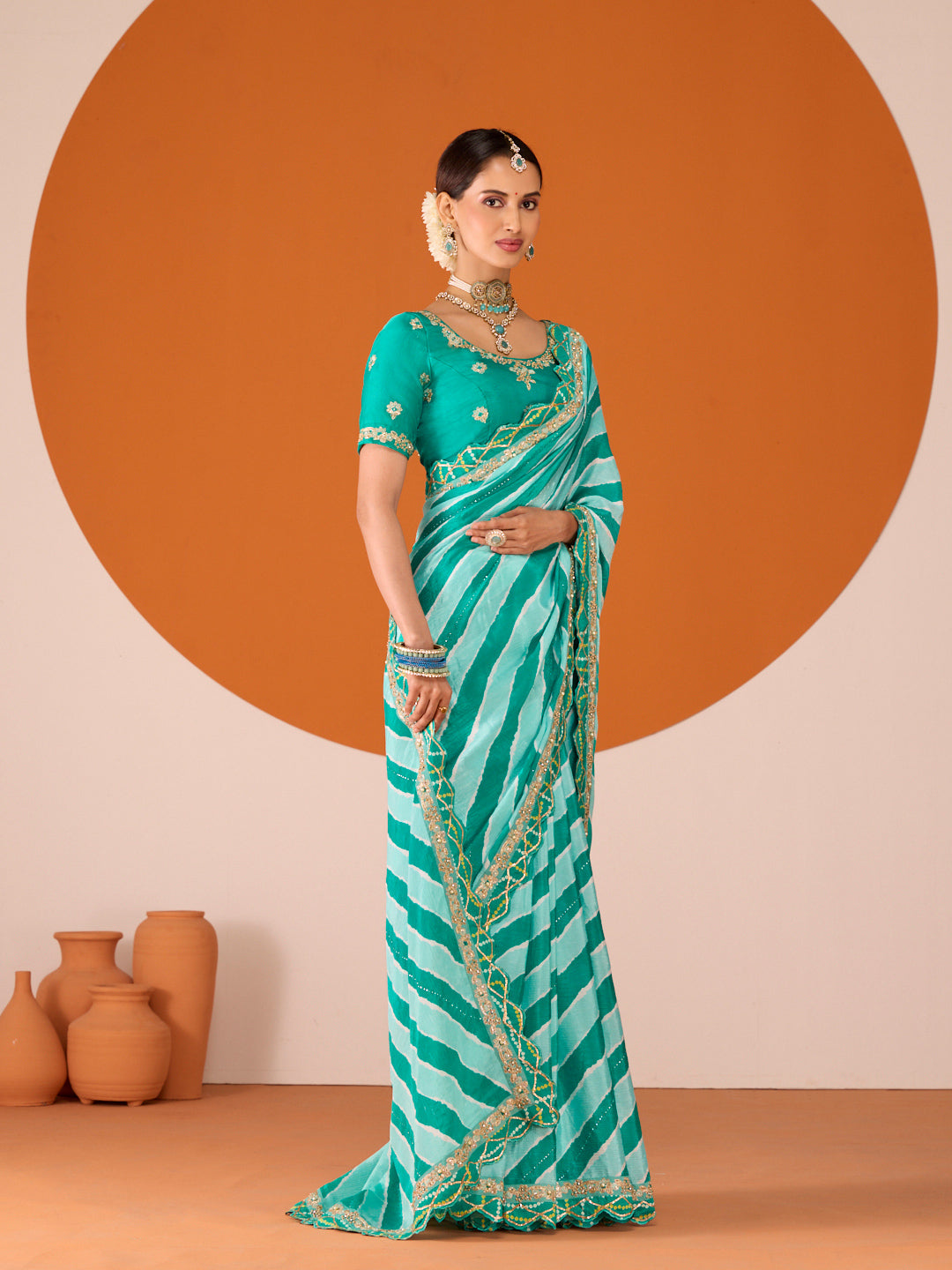 Laxmipati Ruchi Green Chiffon Embroidered Saree