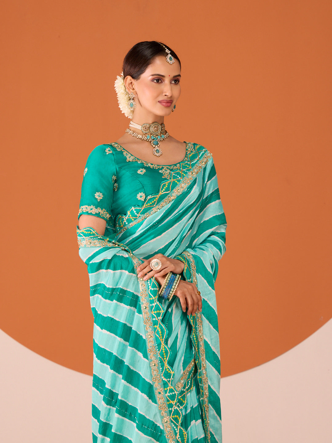 Laxmipati Ruchi Green Chiffon Embroidered Saree