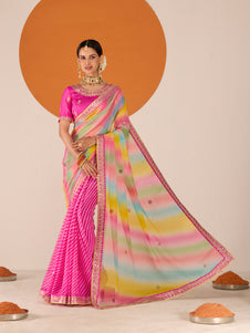 Laxmipati Ruchi Pink Chiffon Embroidered Saree