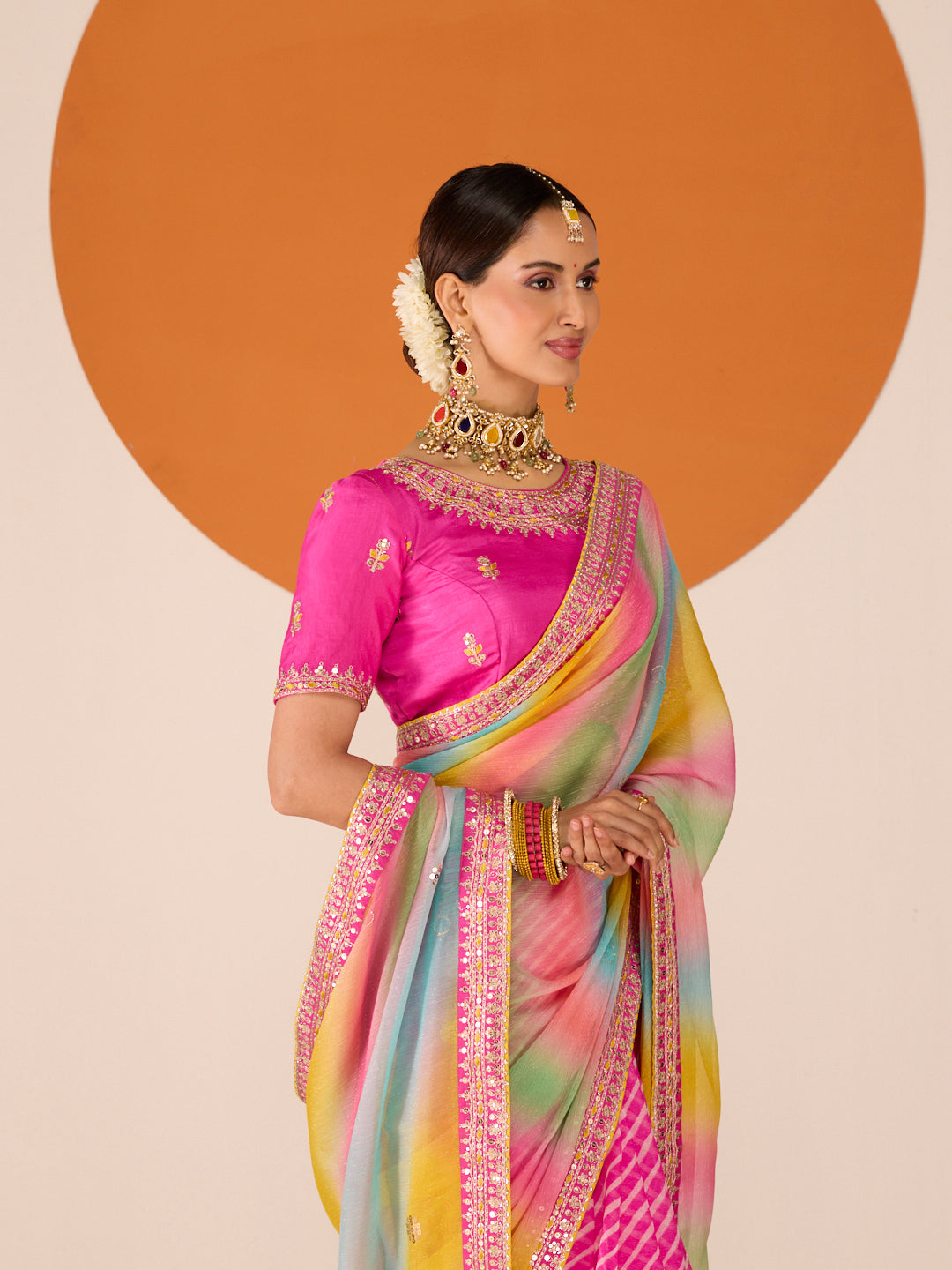 Laxmipati Ruchi Pink Chiffon Embroidered Saree