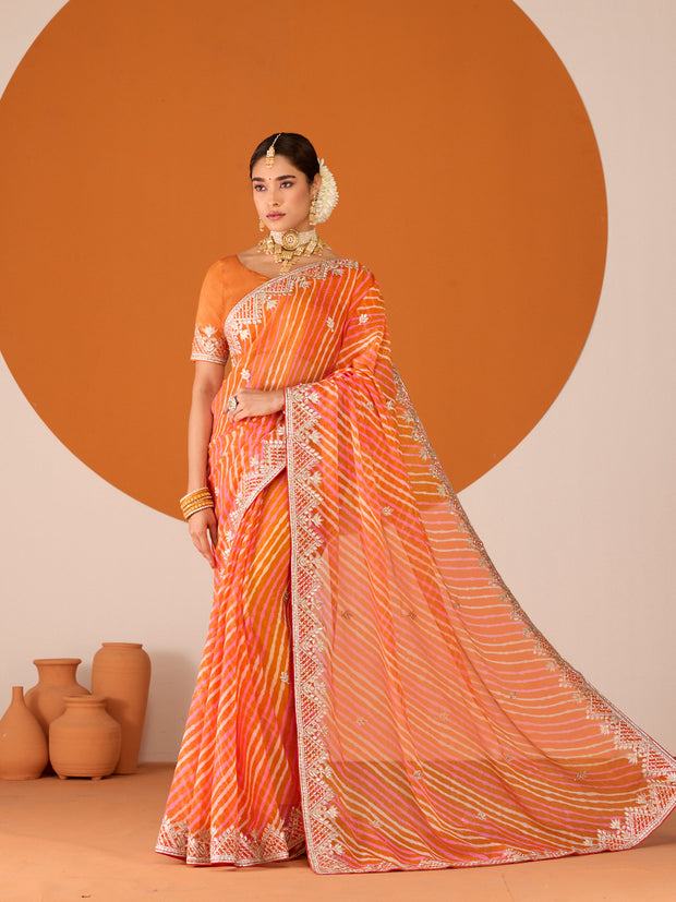 Laxmipati Ruchi Orange Chiffon Embroidered Saree