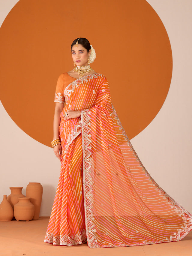 Laxmipati Ruchi Orange Chiffon Embroidered Saree