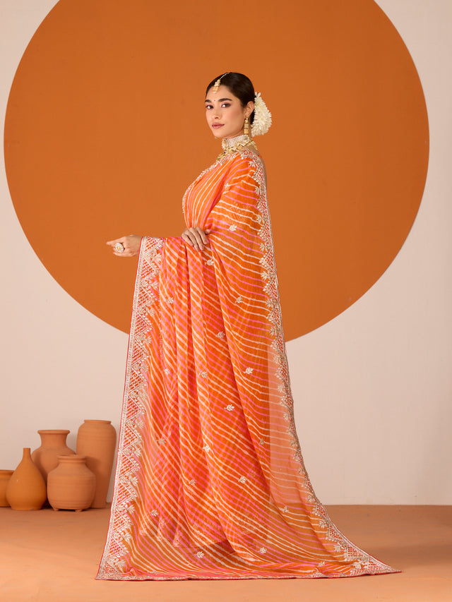 Laxmipati Ruchi Orange Chiffon Embroidered Saree