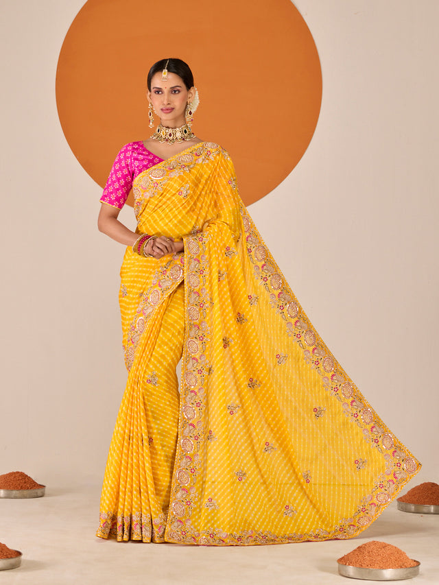 Laxmipati Ruchi Yellow Silk Blend Embroidered Saree