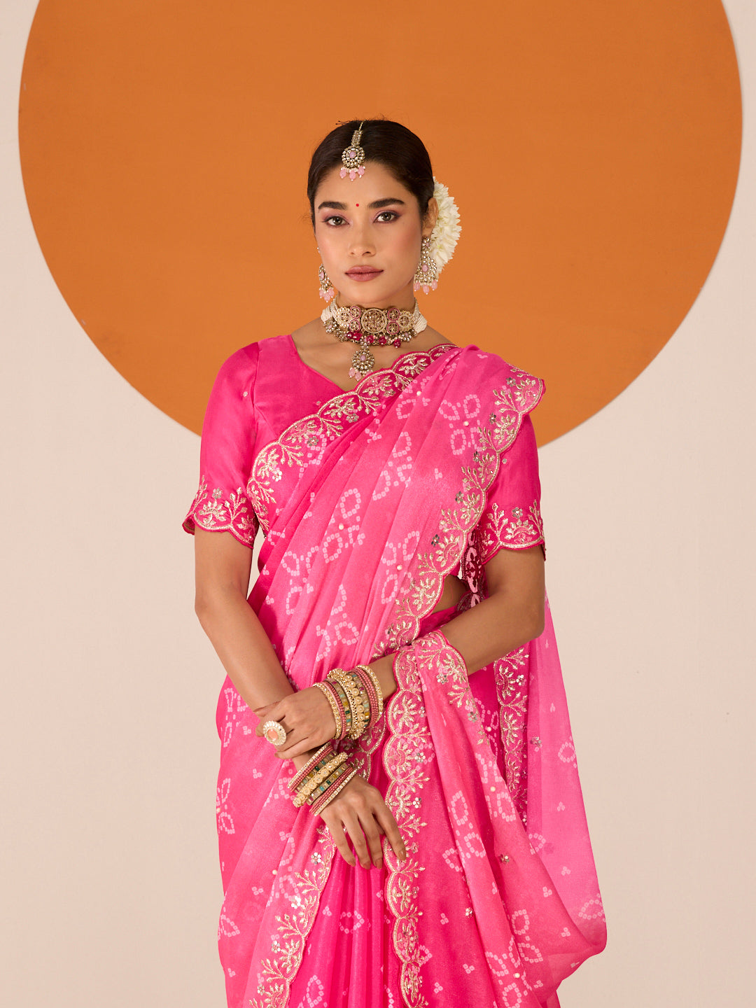 Laxmipati Ruchi Pink Chiffon Embroidered Saree