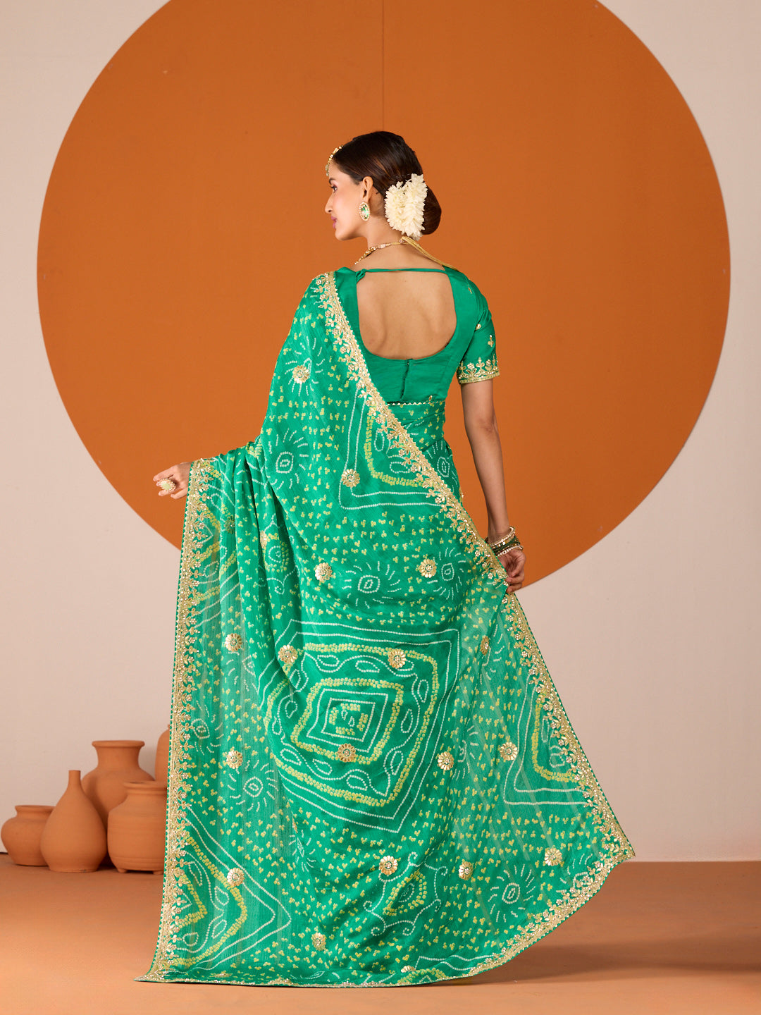 Laxmipati Ruchi Green Chiffon Embroidered Saree